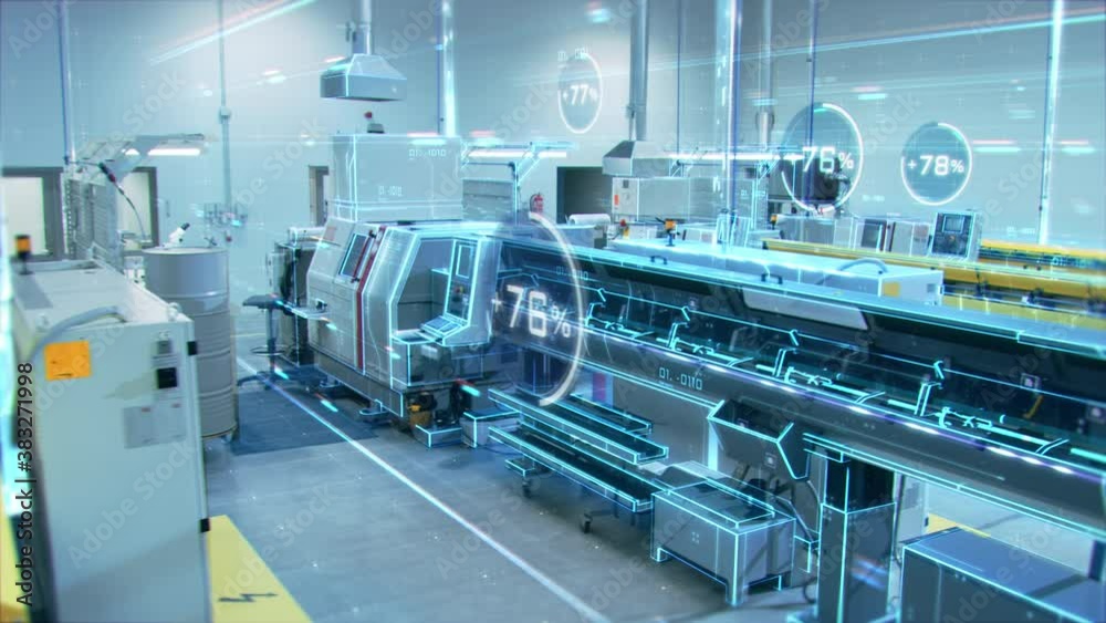 Futuristic Concept: Factory Digitalization with Information Showing Efficiency Percentage of High-Tech Modern Electronics Facility. CNC Automatic Machinery Manufacturing Products Using IoT Industry