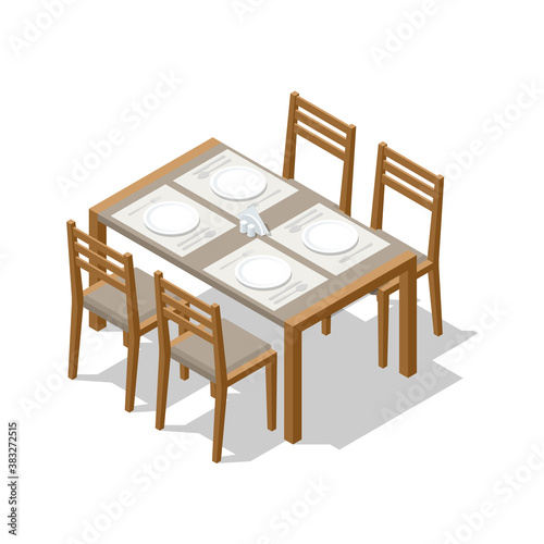 Isometric dining wooden table with four chairs isolated on white. Dinner In Restaurant. Vector illustration in flat style isolated on white background