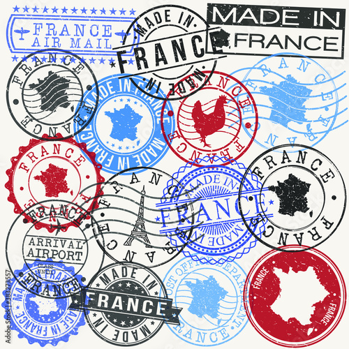 France Set of Stamps. Travel Passport Stamp. Made In Product. Design Seals Old Style Insignia. Icon Clip Art Vector.