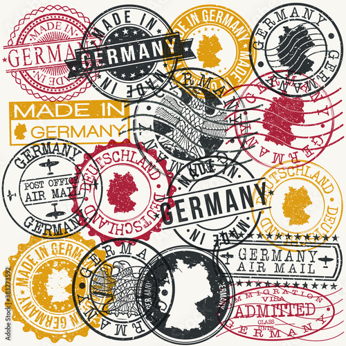 Germany Set of Stamps. Travel Passport Stamp. Made In Product. Design Seals Old Style Insignia. Icon Clip Art Vector.