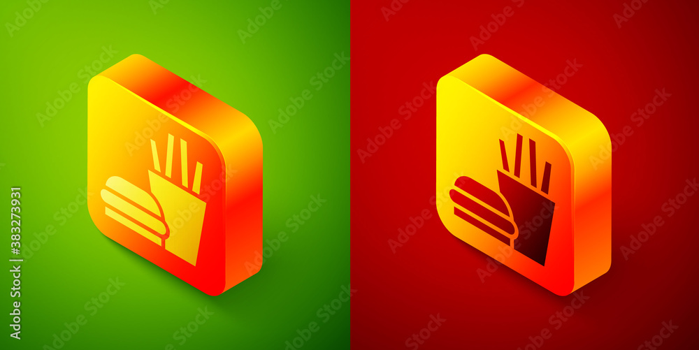 Isometric Burger and french fries in carton package box icon isolated on green and red background. Hamburger, cheeseburger sandwich. Fast food. Square button. Vector Illustration. Isometric Burger and french fries in carton package box icon isolated on green and red background. Hamburger, cheeseburger sandwich. Fast food. Square button. Vector Illustration.