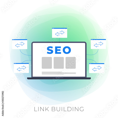 Link Building flat vector modern icon - SEO strategy with backlink Digital Search Engine Optimization Marketing business concept with an open site on laptop and icons of other sites that added a link