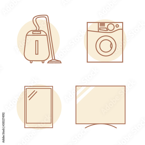 Vector set of appliances icons. Washer, vacuum cleaner, TV and phone on a beige background. Goods for home.