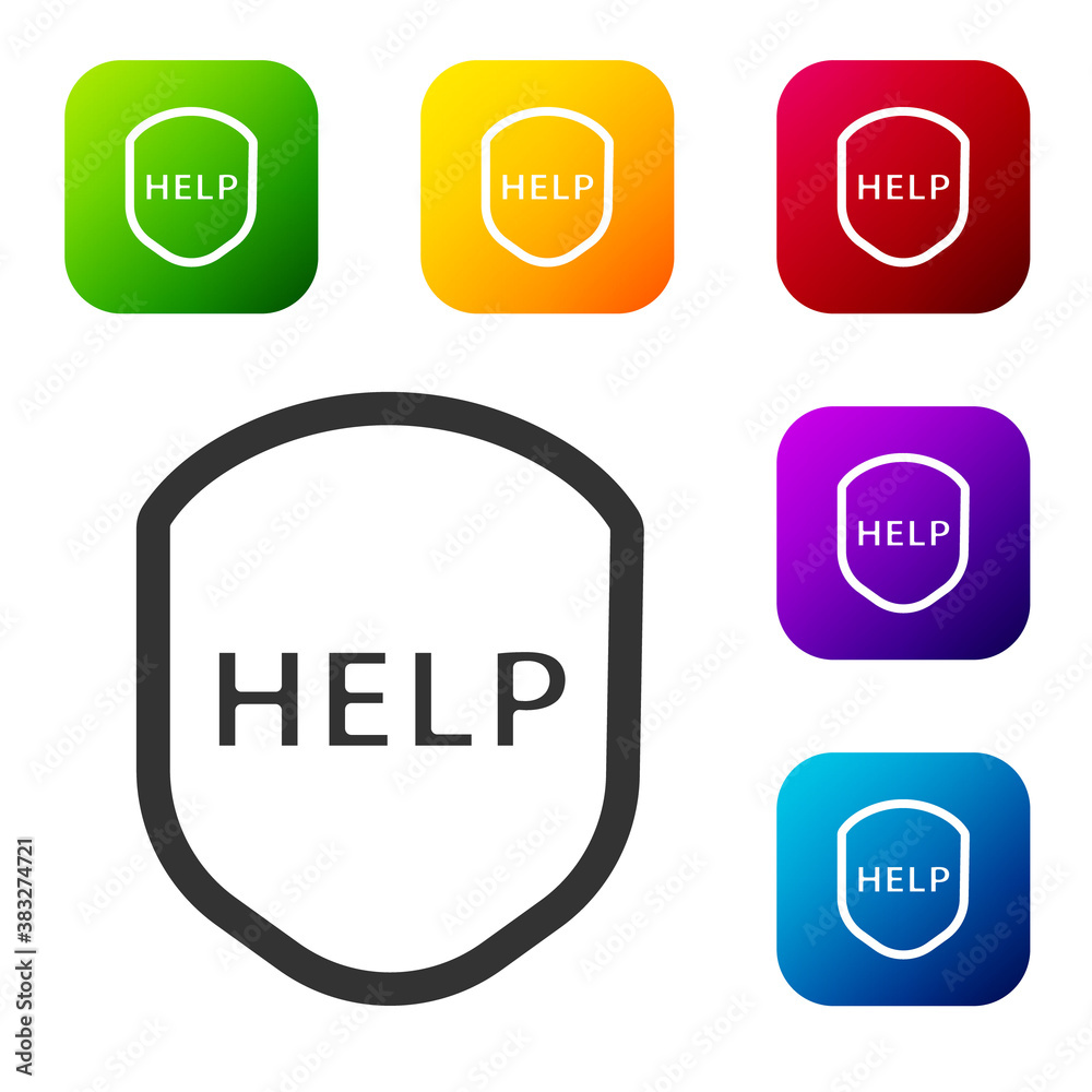 Black Shield with text Help icon isolated on white background. Guard sign. Security, safety, protection, privacy concept. Set icons in color square buttons. Vector Illustration. Black Shield with text Help icon isolated on white background. Guard sign. Security, safety, protection, privacy concept. Set icons in color square buttons. Vector Illustration.