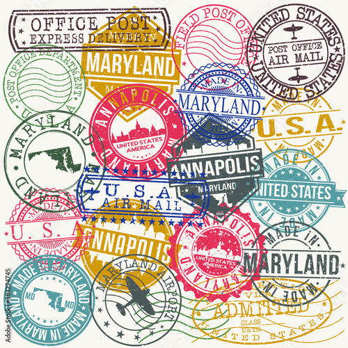 Annapolis Maryland Set of Stamps. Travel Stamp. Made In Product. Design Seals Old Style Insignia.
