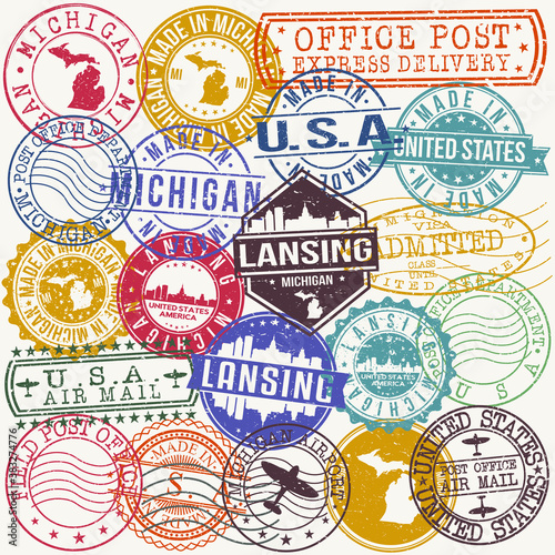 Lansing Michigan Set of Stamps. Travel Stamp. Made In Product. Design Seals Old Style Insignia.