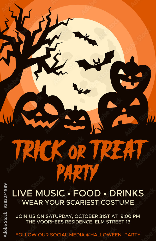 Happy Halloween promo flyers with Halloween elements, moon, pumpkins, bats and place for text. Halloween party poster. Vector