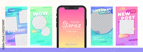 Creative Stories Pack for social media. Trendy editable template for social networks stories. Story template theme for New post, contest, giveaway. Vector cover design for photos.