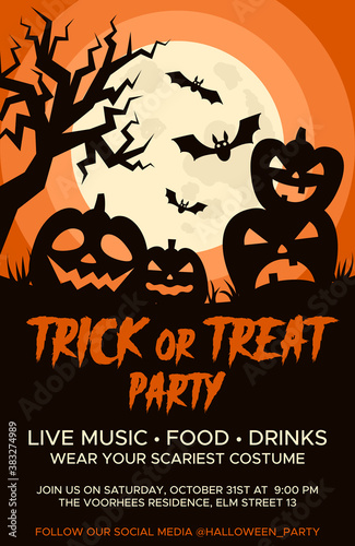 Happy Halloween promo flyers with Halloween elements, moon, pumpkins, bats and place for text. Halloween party poster. Vector