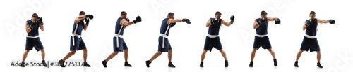 Fighter. Young professional boxer training in action, motion of step-to-step kicking isolated on white background. Concept of sport, movement, energy and dynamic, healthy lifestyle. Flyer. © master1305