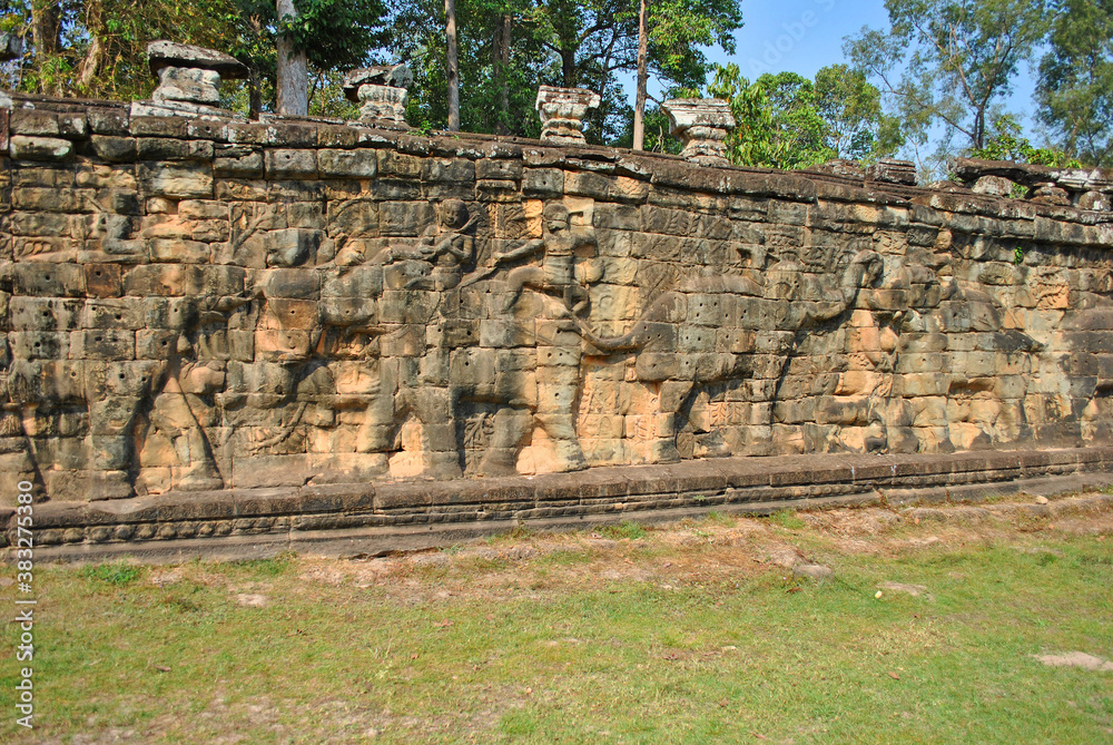 Old bas-reliefs at the Terrace of the Elephants in Angkor Thom