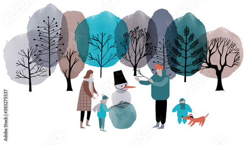 Winter activity flat design with watercolor background.