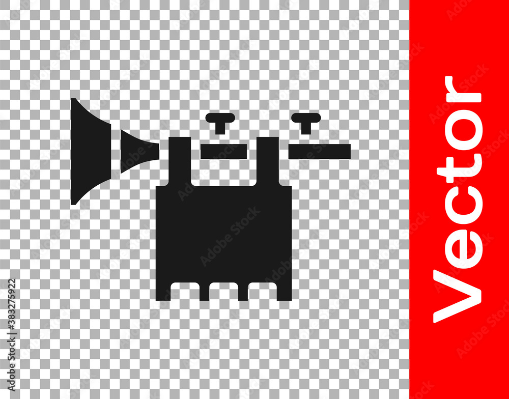 Black Trumpet with flag icon isolated on transparent background. Musical instrument trumpet. Vector. Black Trumpet with flag icon isolated on transparent background. Musical instrument trumpet. Vector.