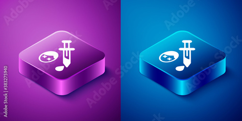 Isometric Sword with blood icon isolated on blue and purple background. Medieval weapons knight and soldier. Symbol of murder. Square button. Vector.