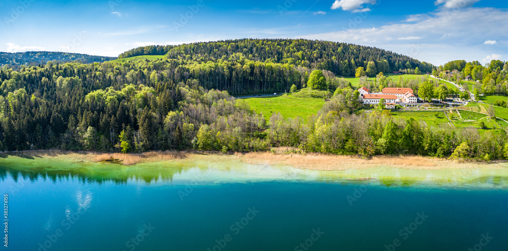 Lake Tegernsee in the Bavarian Alps. Aerial Drone Panorama Shot. Spring Lake Tegernsee in the Bavarian Alps. Aerial Drone Panorama Shot. Spring