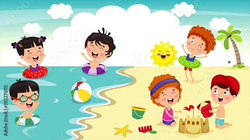 Happy Children Having Fun At Beach