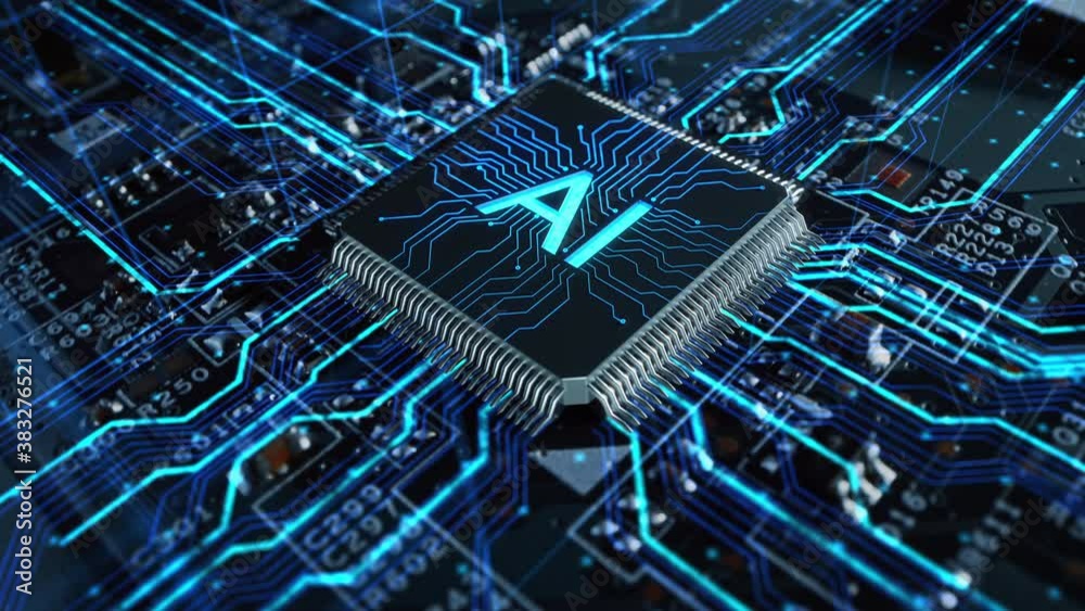 Futuristic High-Tech Concept Visualization: Motherboard CPU Processor Microchip Starting Artificial Intelligence Digitalization of Data information Processing. Digital Lines Connect into AI Symbol