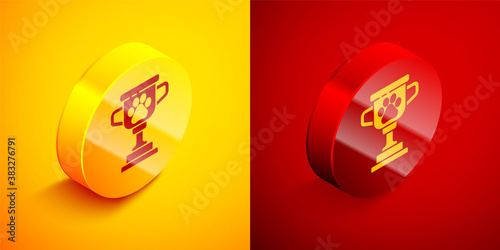 Isometric Pet award symbol icon isolated on orange and red background. Medal with dog footprint as pets exhibition winner concept. Circle button. Vector.