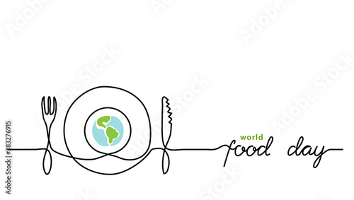 World food day holiday concept with earth or globe and plate, knife and fork. Single line art with text Food Day.