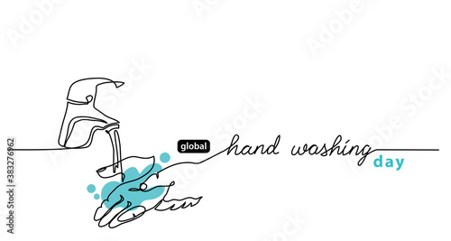 Global Handwashing Day minimalist line border, web banner, simple vector background with hands and water that flows from the tap. Hand washing lettering.