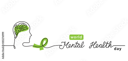 World Mental Health Day minimalist line art border, web banner, simple vector background with brains and green ribbon. One continuous line drawing with lettering Mental Health