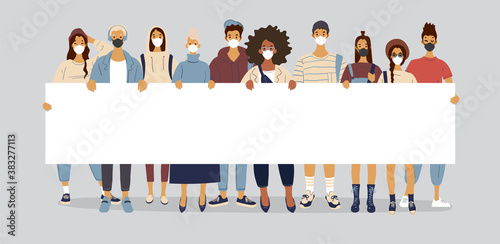 People wearing medical masks are holding a poster with copy space. Young boys and girls are holding a large billboard with a place for text, concept about protests. Flat vector illustration.