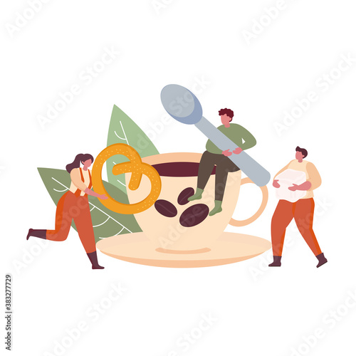 Coffee Break and Lunch time with small people. Cup of coffee and bagel. Vector illustration for web banner page  card  banner