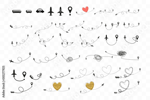 Set icons of travel way by plane or bus, taxi. Takeoff and landing of a passenger plane. Flight route infographic elements. Flight by airplane, aviation tourism vector isolated illustrations