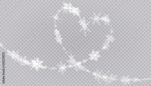Heart shaped snowflakes in a flat style in continuous drawing lines. Trace of white dust. Magic abstract background isolated on on transparent background. Miracle and magic. Vector illustration flat