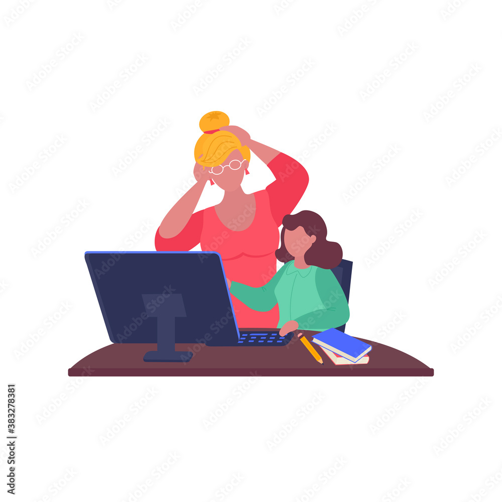 Home schooling. Parents helps the child learn. Mom and child can't cope with difficult homework learn. Vector illustration