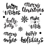 Christmas collection with calligraphy lettering on white background isolated. Warm wishes, holly jolly, happy holidays