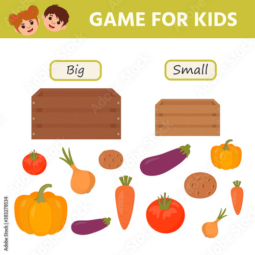 Game for kids. Distribute vegetables, fruits and berries in the boxes. Big and small. Preschool worksheet activity. Children funny riddle entertainment. Vector Illustration