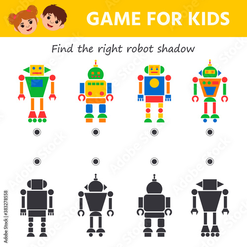 Game for kids. Find and connect the robot and its shadow. Preschool worksheet activity. Children funny riddle entertainment. Vector Illustration