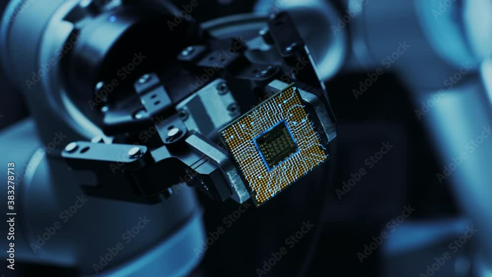 Futuristic Animation Concept: Modern Authentic Robot Arm Holding Contemporary Super Computer Processor Smoothly Moving into Focus.CPU Microchip Digitalization of Information Technology into AI Power