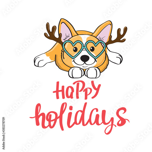 Vector cartoon illustration with corgi dog with Christmas deer antlers. New Year card
