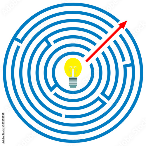 Circular maze with arrow which indicates the shortest path through the labyrinth from center to exit. Simple way solution problem. Glowing bulb inside. Isolated illustration in flat design.