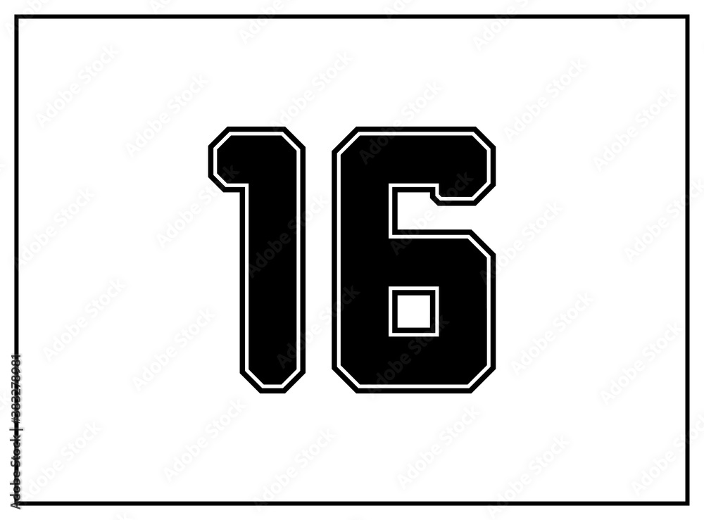 16 number classic american, college style font. Uniform letter in black with a black outside contour line. Vintage sport font.For jersey, t-shirt, basketball, baseball, football. Isolated vector 16 number classic american, college style font. Uniform letter in black with a black outside contour line. Vintage sport font.For jersey, t-shirt, basketball, baseball, football. Isolated vector