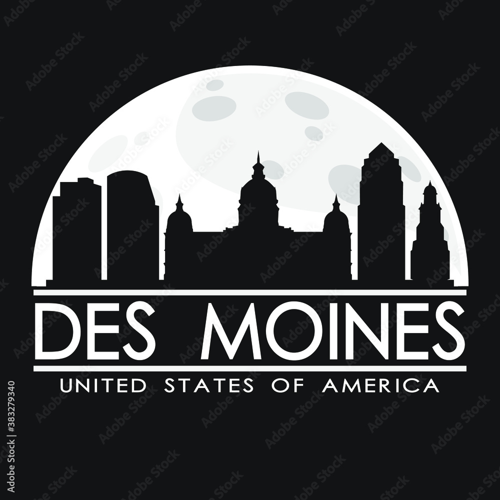 Des Moines Full Moon Night Skyline Silhouette Design City Vector Art.