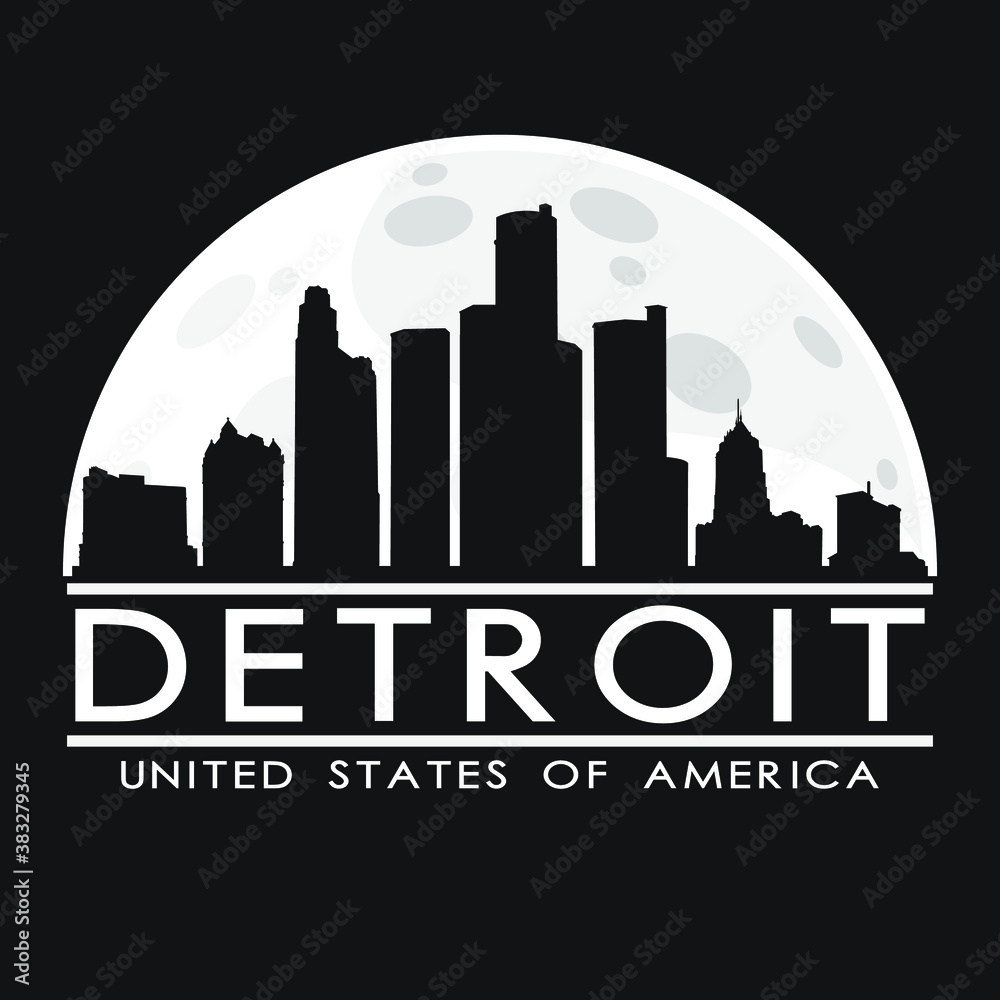 Detroit Michigan, Full Moon Night Skyline Silhouette Design City Vector Art.