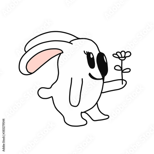 Cute little bunny. Hand drawn cartoon style  vector illustration. Hare with flower. for poster  card  icon  t shirt