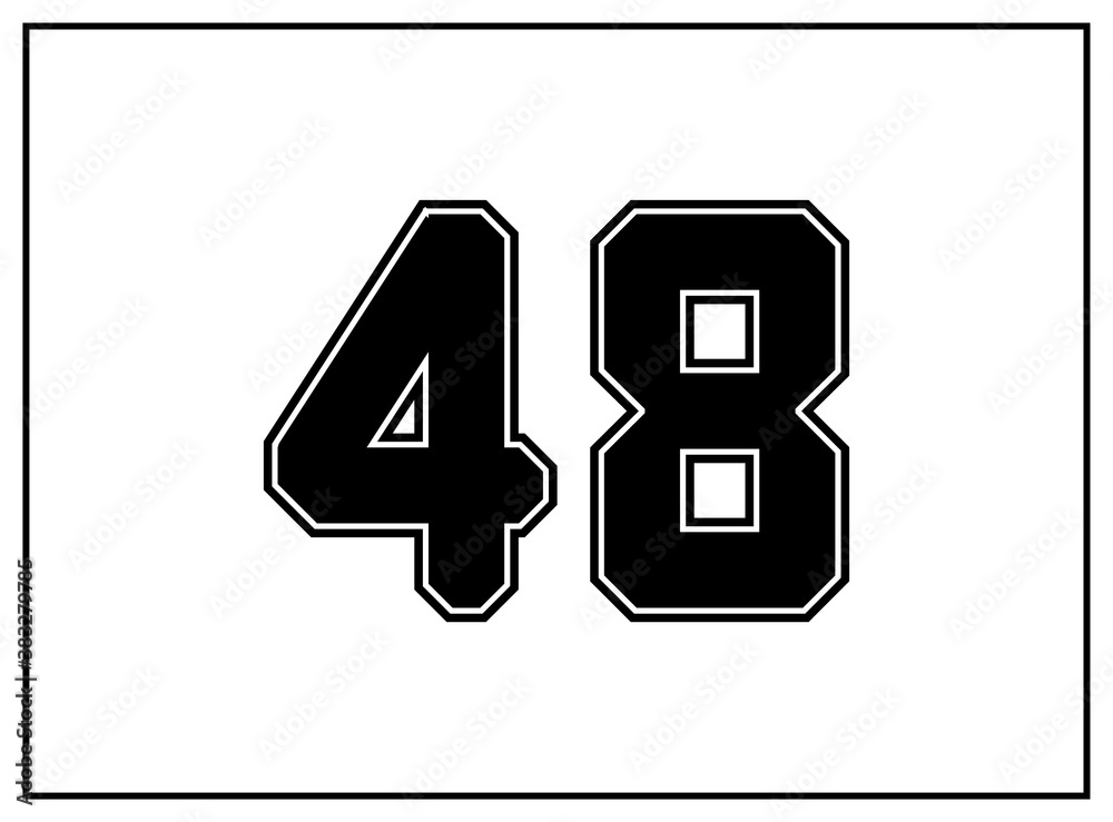 48 number classic american, college style font. Uniform letter in black with a black outside contour line. Vintage sport font.For jersey, t-shirt, basketball, baseball, football. Isolated vector 48 number classic american, college style font. Uniform letter in black with a black outside contour line. Vintage sport font.For jersey, t-shirt, basketball, baseball, football. Isolated vector