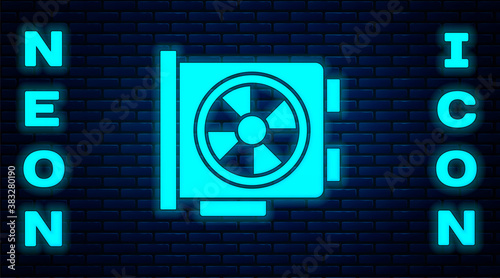 Glowing neon Video graphic card icon isolated on brick wall background. Vector.