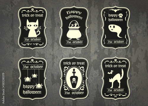 Happy Halloween vector tag with cute cartoon in vintage style.