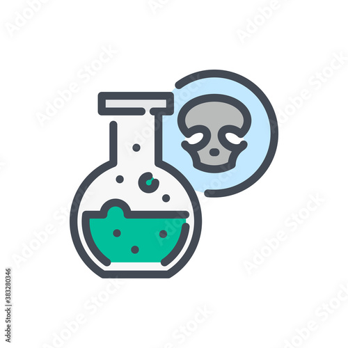 Glassware flask with poison liquid color line icon. Glass bottle with skull vector outline colorful sign.