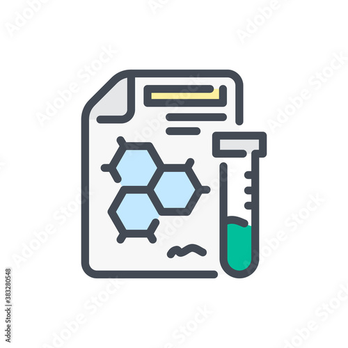 Science report document with formula structure and test tube color line icon. File with molecule formula and laboratory glassware vector outline colorful sign.