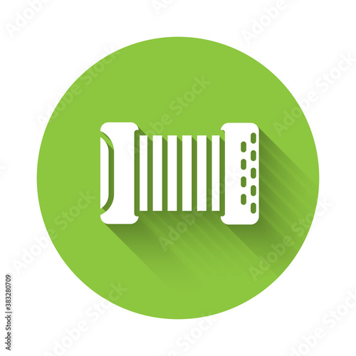 White Musical instrument accordion icon isolated with long shadow. Classical bayan, harmonic. Green circle button. Vector.