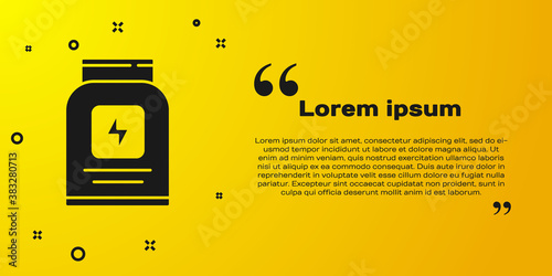 Black Sports nutrition bodybuilding proteine power drink and food icon isolated on yellow background. Vector.