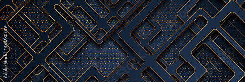 Dark blue papercut grid and golden shiny glitter dots abstract background. Geometric vector banner design