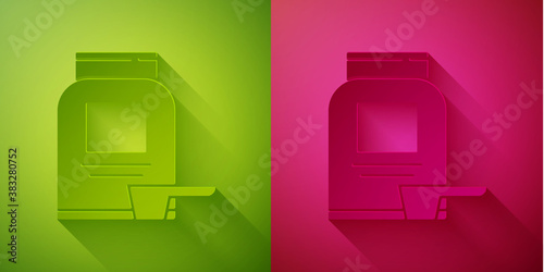 Paper cut Sports nutrition bodybuilding proteine power drink and food icon isolated on green and pink background. Paper art style. Vector.