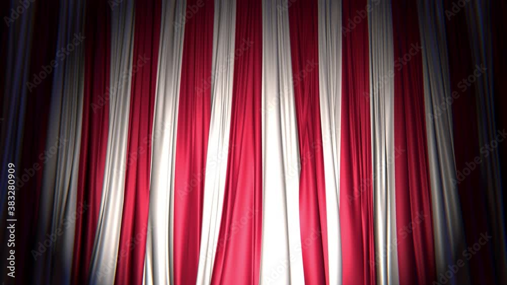 Realistic dark 3D animation of the striped circus stage curtains rendered in UHD, alpha matte is included